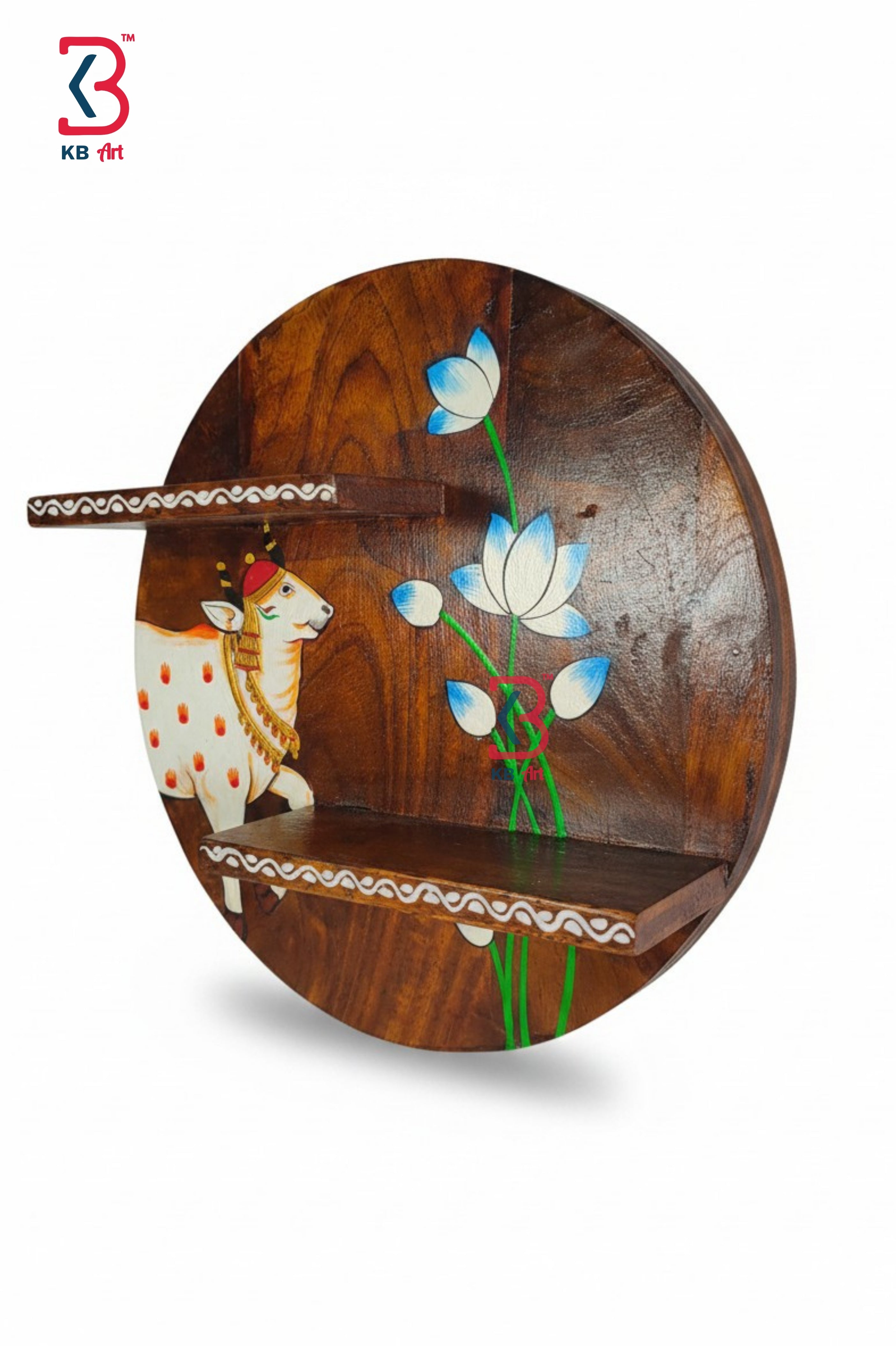 KB ART Wooden Round Wall Planter Shelf - Front View of Handcrafted Detailing - Handcrafted Wooden Decor Jodhpur