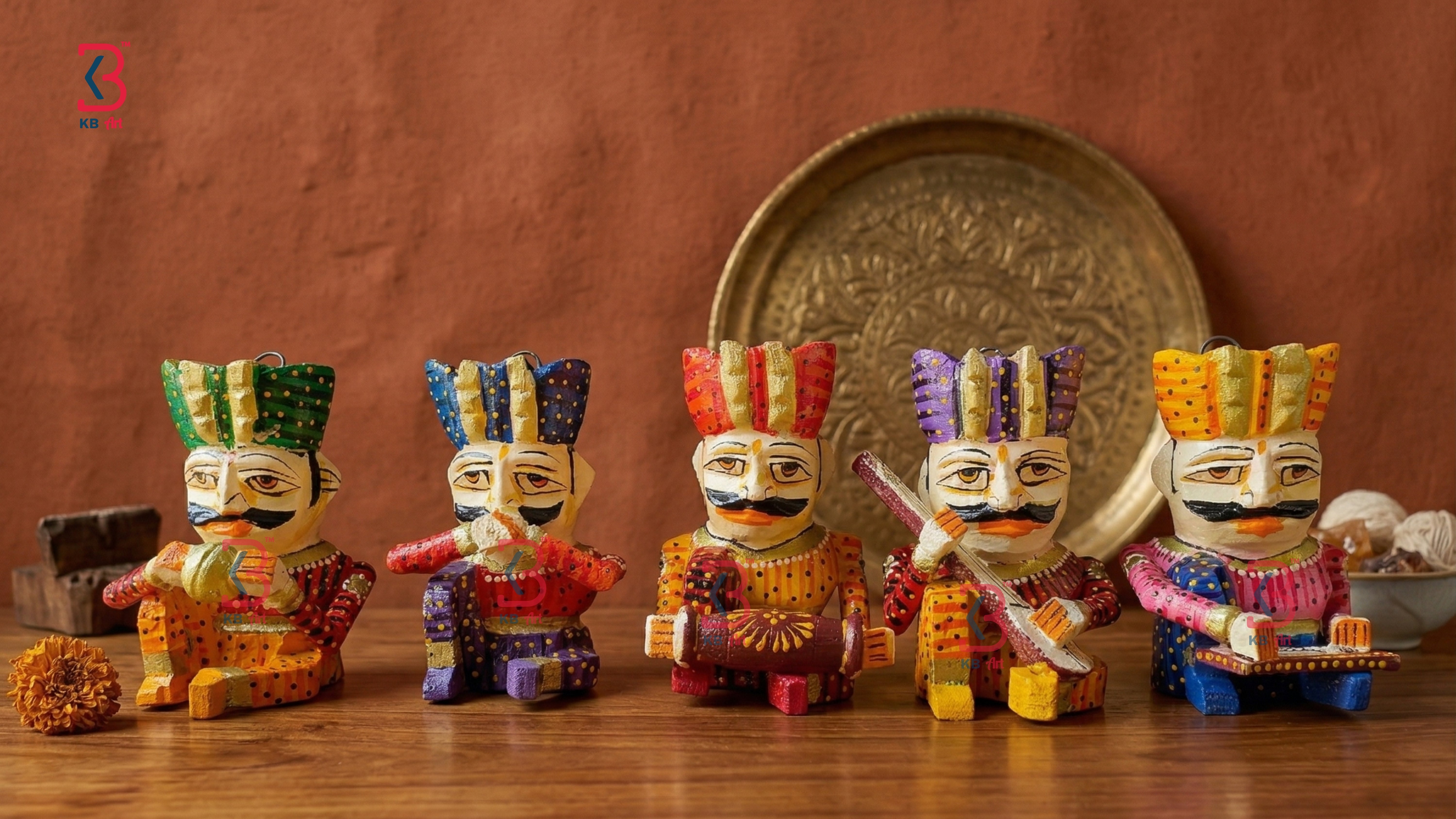 KB ART Hand Painted Musician Set - Close-Up of Hand-Carved Artisan Texture - Handcrafted Wooden Decor Jodhpur