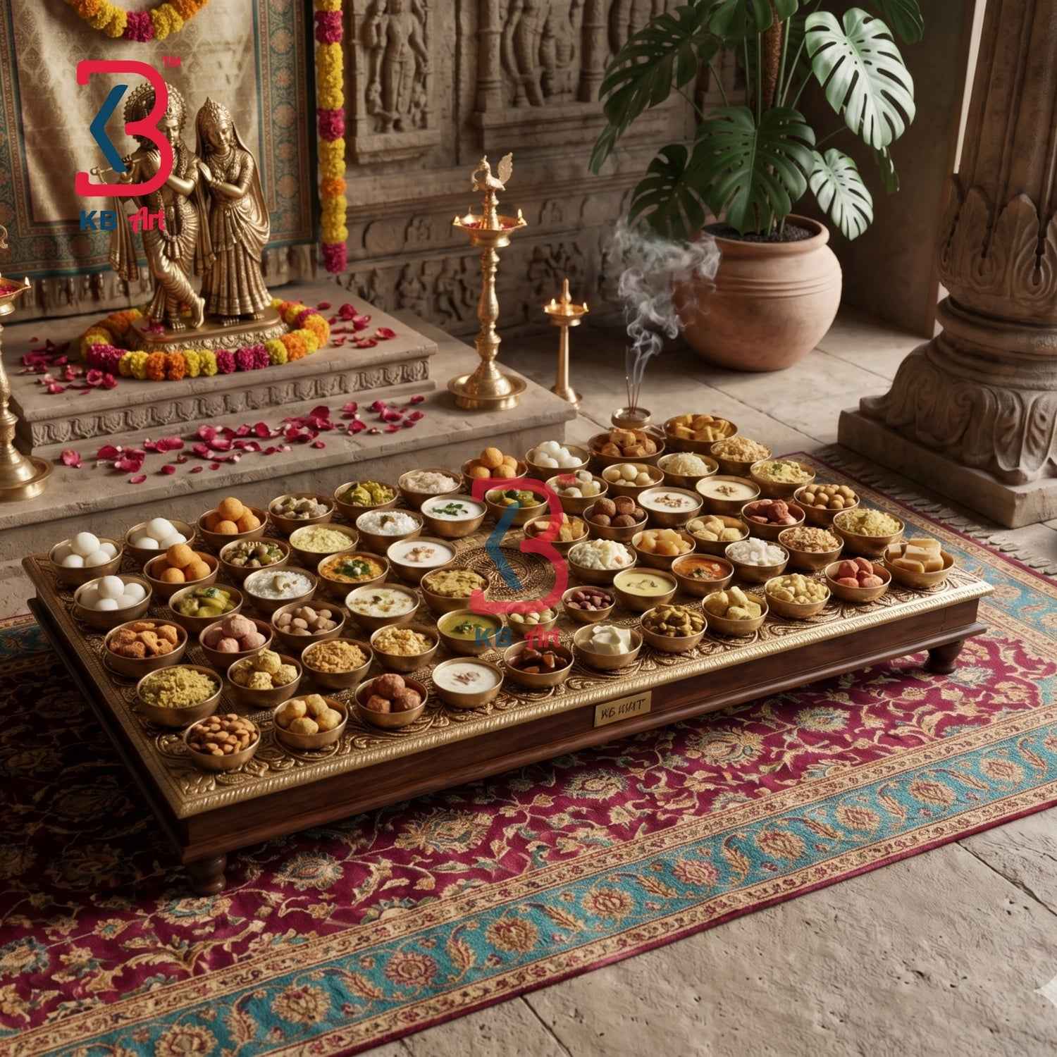 Antique Brass Fitted Wooden Chowki - Hand-Carved Rajasthani Bajot for Pooja & Decor | KB ART
