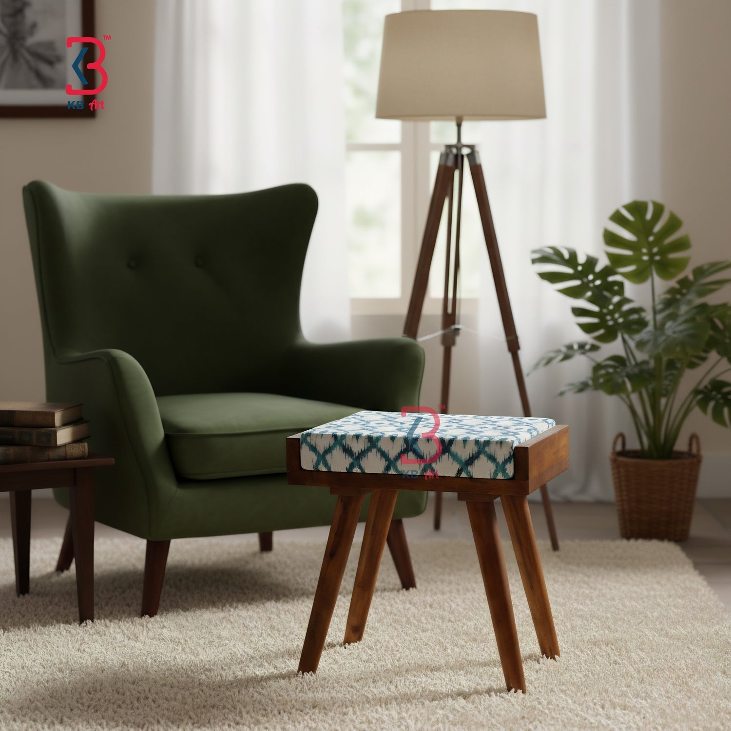 The KB ART hand-painted stool shown folded flat for space-saving storage.