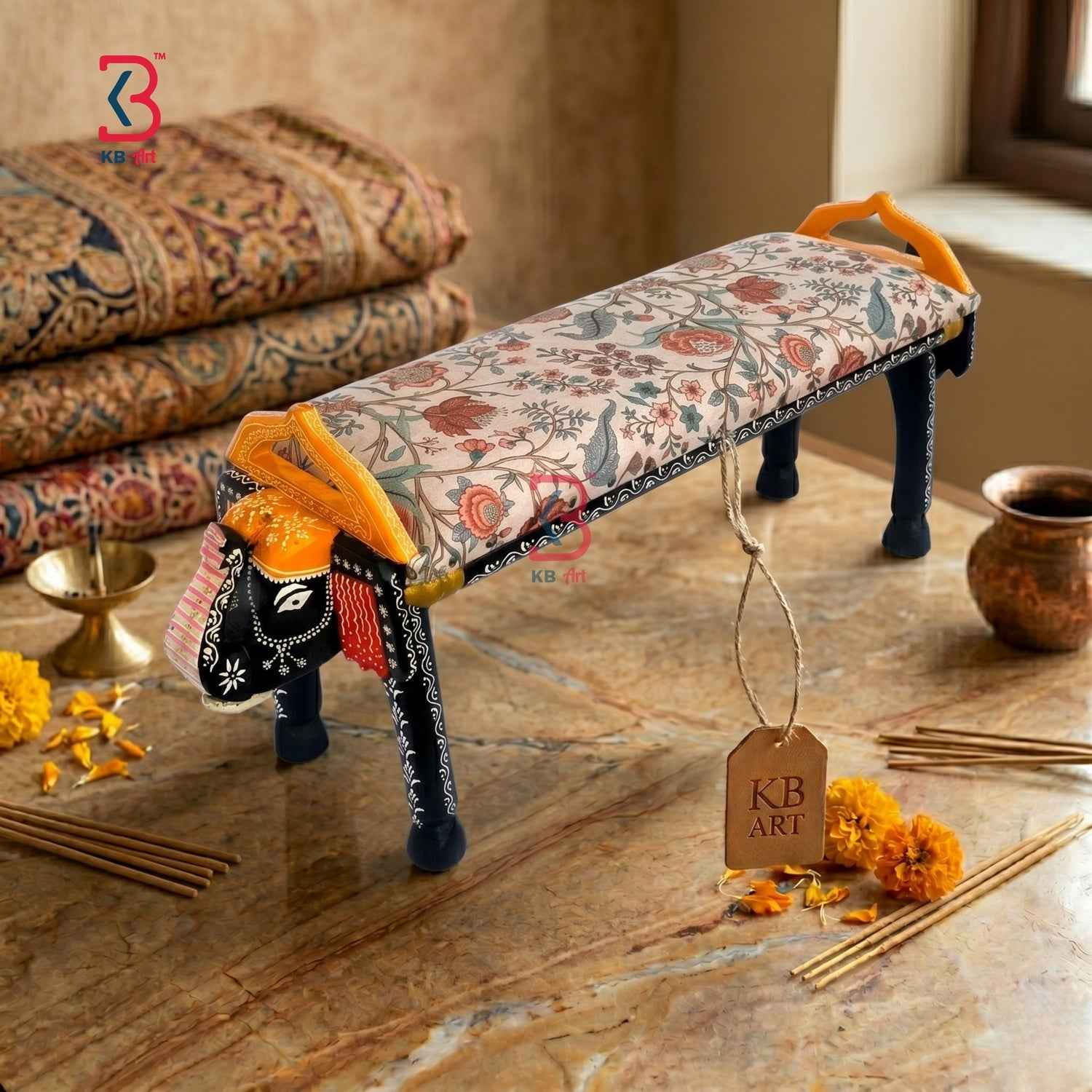 KB ART Hand-Carved Wooden Elephant Bench with Floral Fabric Gadi Stool
