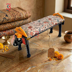 KB ART Hand-Carved Wooden Elephant Bench with Floral Fabric Gadi Stool