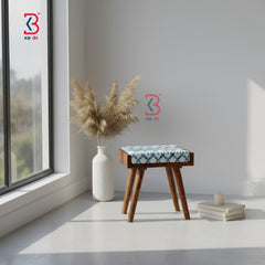 KB ART handcrafted portable wooden stool with white and teal artisan paint detail.
