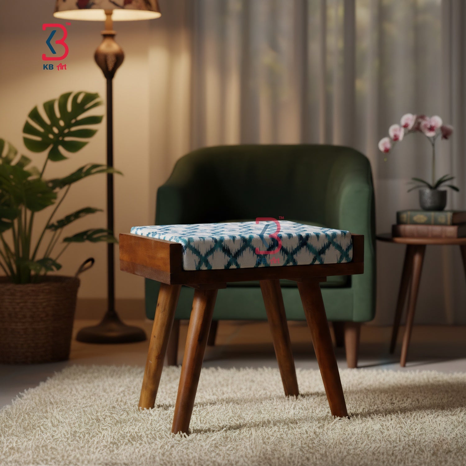 Functional KB ART foldable stool being used as a small decorative side table in a modern room.