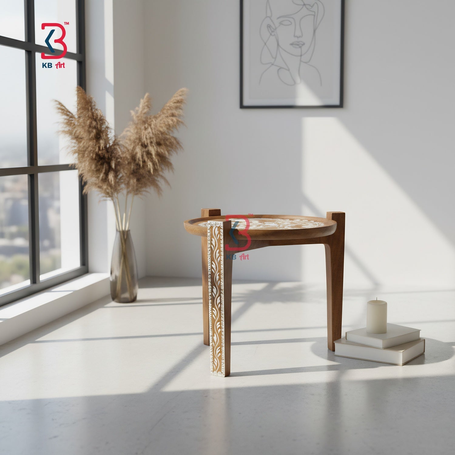 Hand-painted wooden decorative stool by KB ART used as an indoor plant stand.