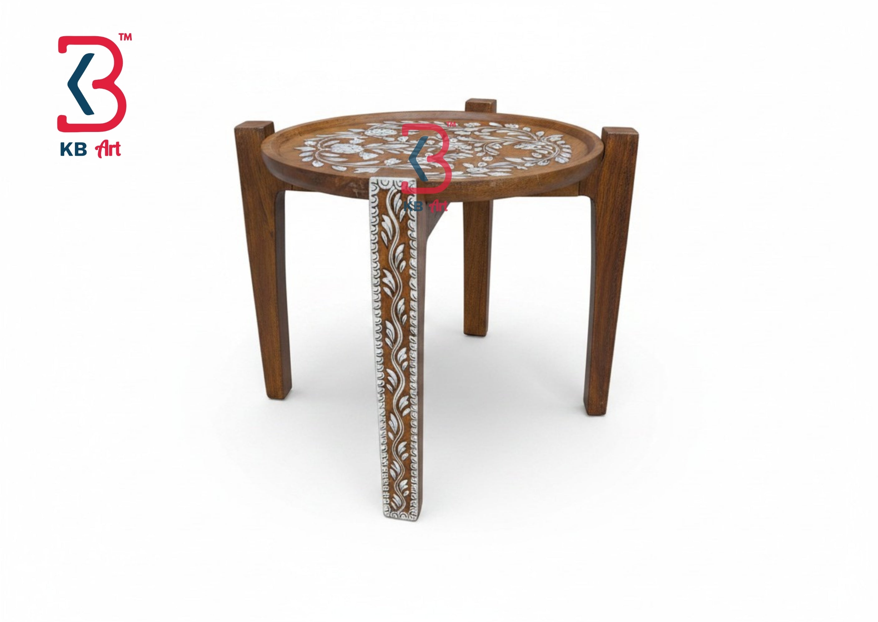 KB ART round wooden side table with hand-painted white floral vine patterns on a dark wood base.