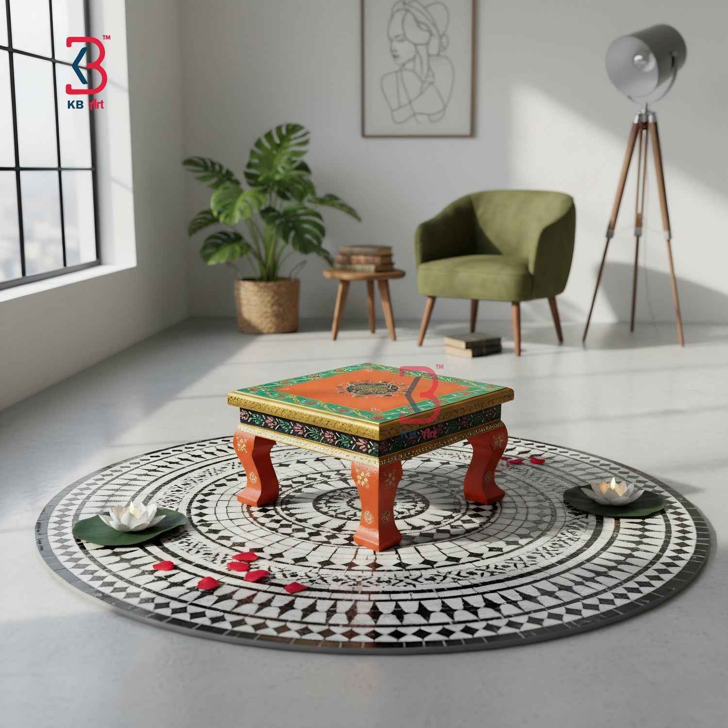 Hand-Painted Rajasthani Wooden Chowki - Traditional Floral Bajot for Pooja & Decor | KB ART (Copy)