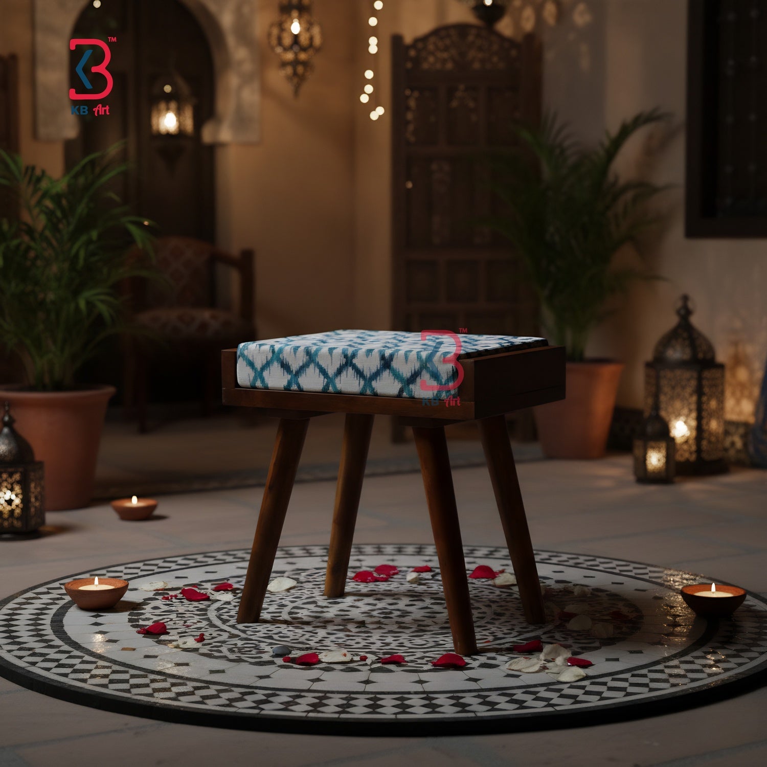 In a contemporary setting, a useful KB ART foldable stool serves as a tiny ornamental side table.