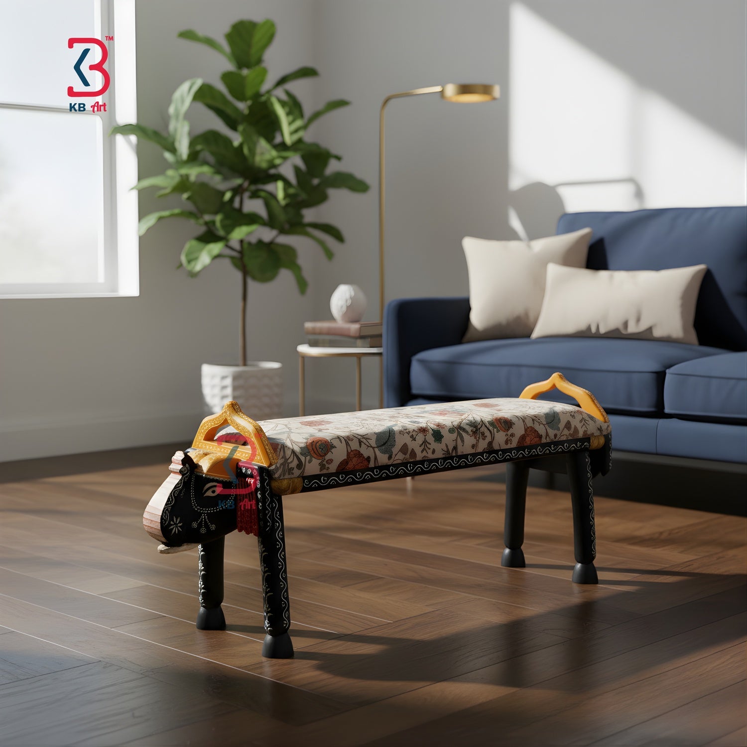 Decorative bench with floral pattern in a living room setting