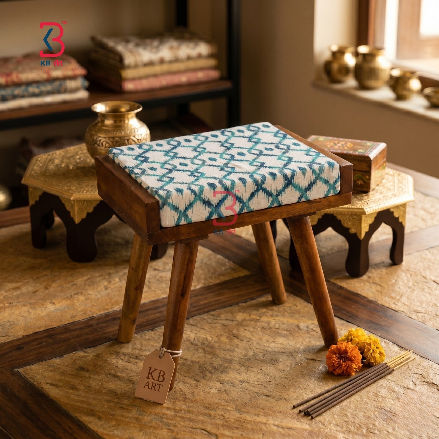 A modern room with a functional KB ART foldable stool used as a small decorative side table.