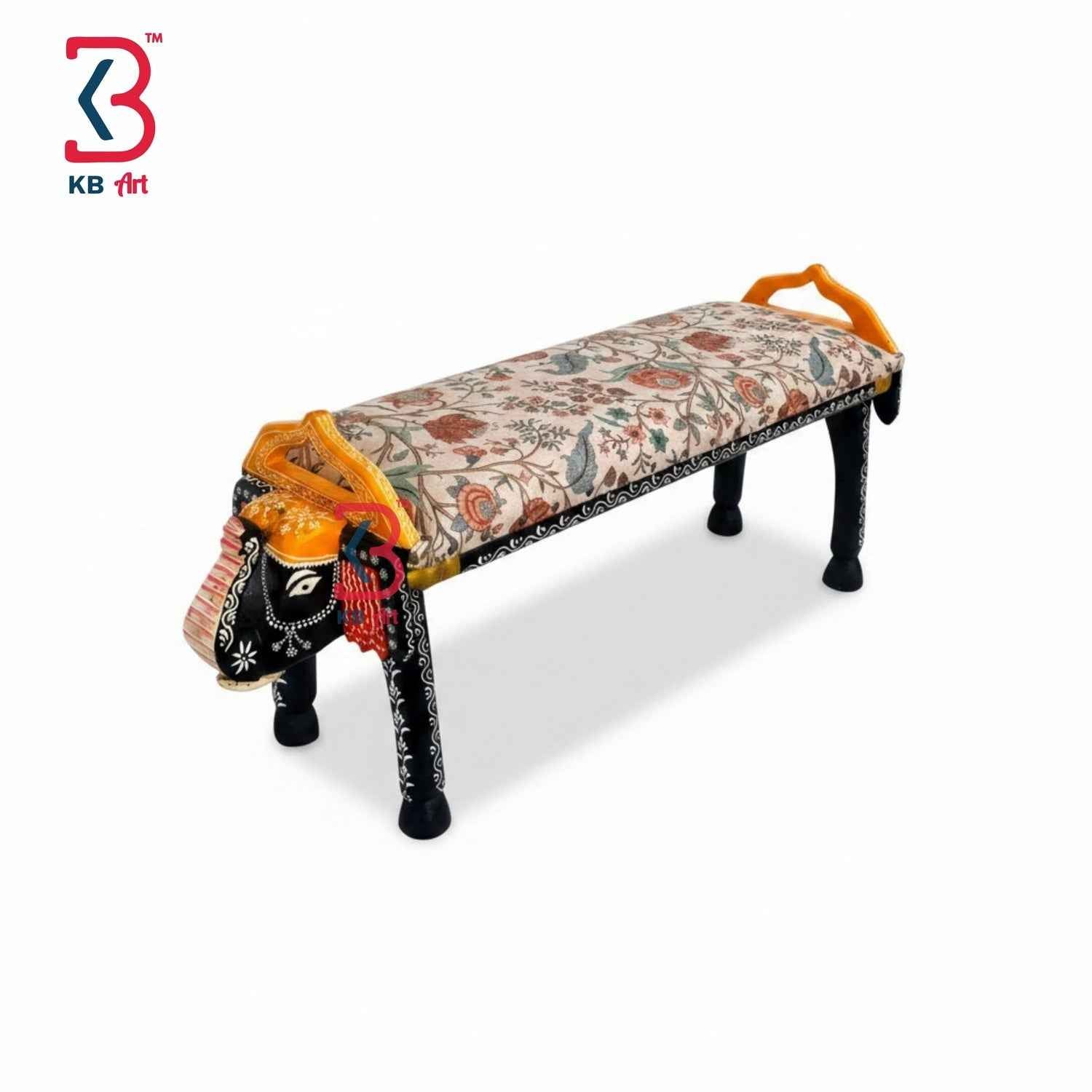KB ART Hand-Carved Wooden Elephant Bench with Floral Fabric Gadi Stool