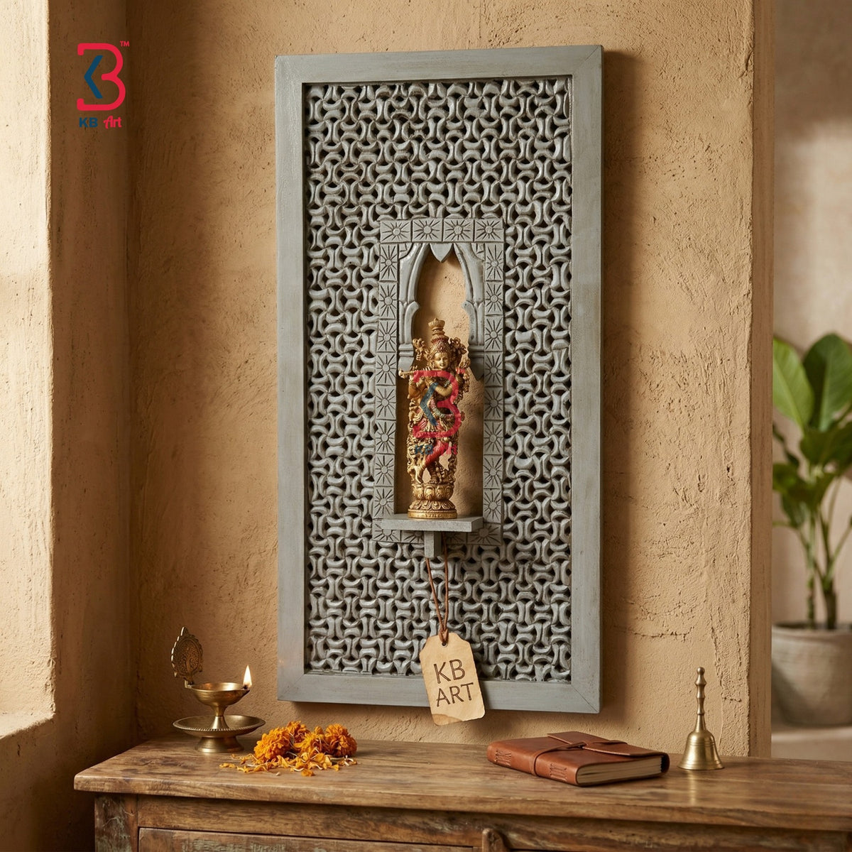KB ART Wooden Carved Jalli Panel Krishna Stand - Front View of Handcrafted Detailing - Handcrafted Wooden Decor Jodhpur