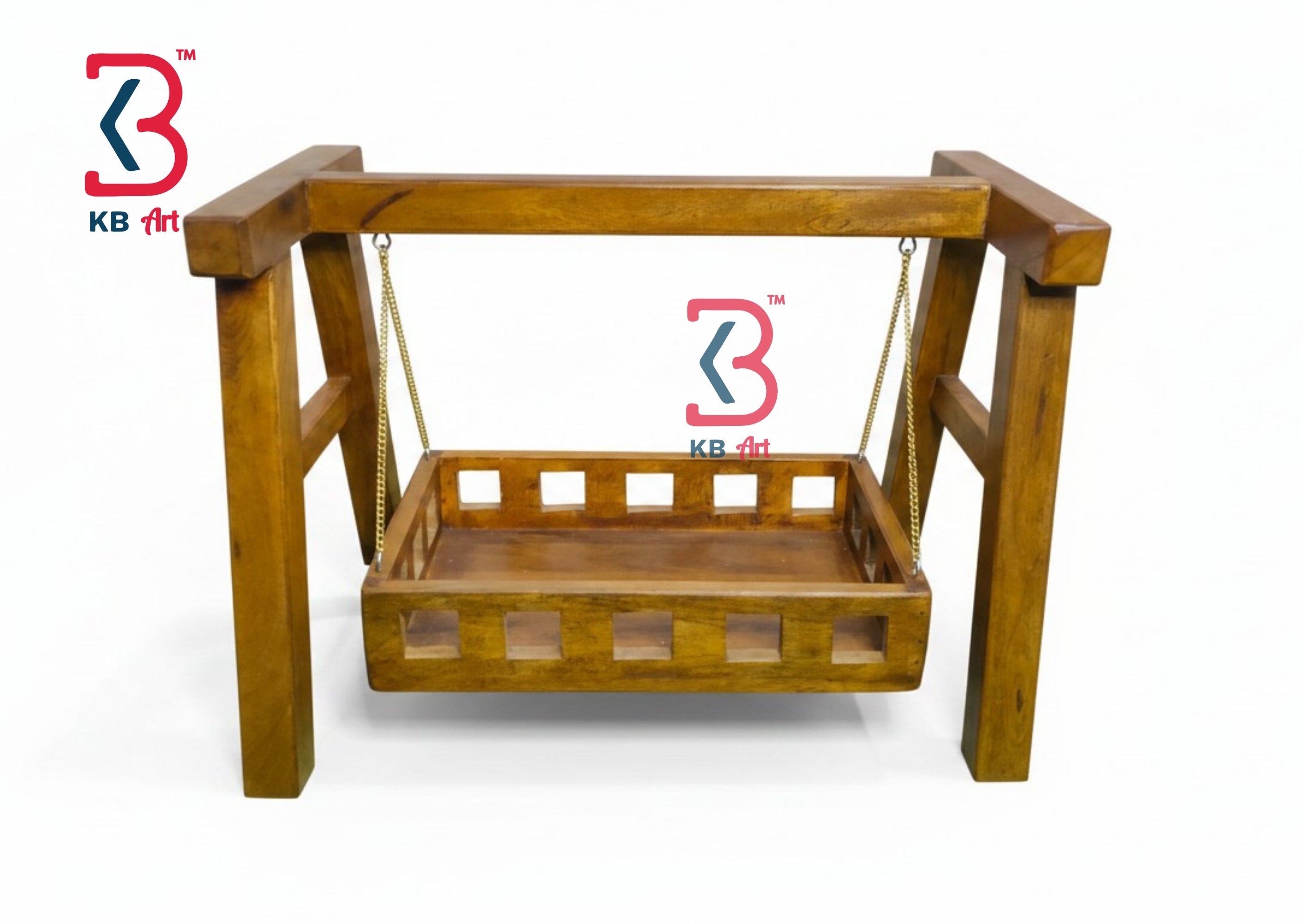 KB ART Wooden Mini Swing Stand - Front View of Handcrafted Detailing - Handcrafted Wooden Decor Jodhpur