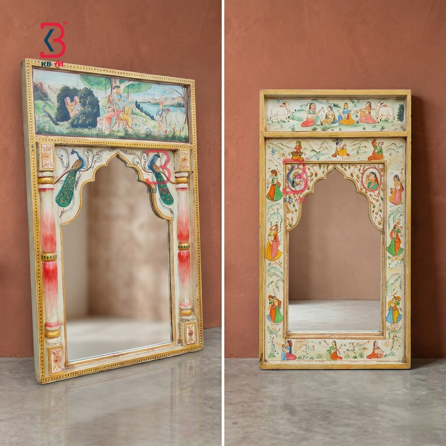 KB ART Wooden Pichwai Mirror Wall Decor - Side Angle Showing Finish and Craftsmanship - Handcrafted Wooden Decor Jodhpur
