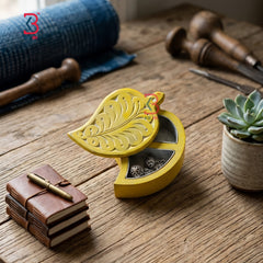 KB ART Yellow Leaf Shaped Wooden Box - Close-Up of Hand-Carved Artisan Texture - Handcrafted Wooden Decor Jodhpur