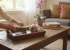 A wooden tea tray holding two patterned teacups and a matching teapot sits on a wooden coffee table in a bright living room. A person's hands are visible placing the cups on the tray.