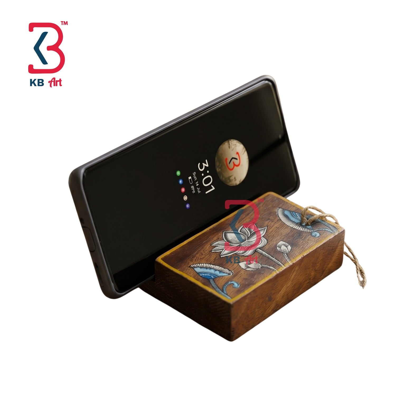 KB ART Lotus Wooden Mobile Stand - Front View of Handcrafted Detailing - Handcrafted Wooden Decor Jodhpur