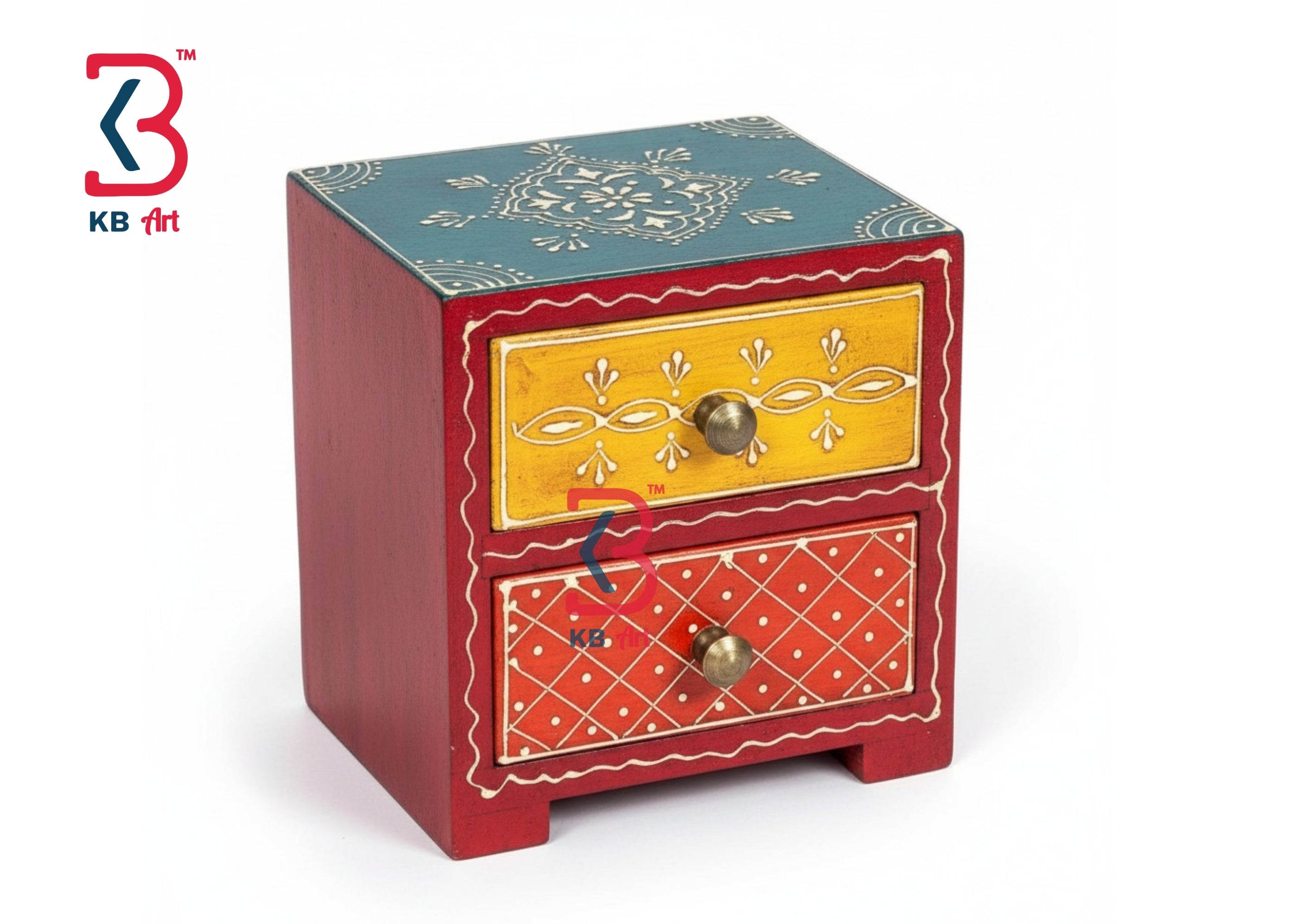 KB ART Wooden Small 2 Drawer Mdf Box - Front View of Handcrafted Detailing - Handcrafted Wooden Decor Jodhpur