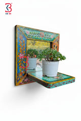 KB ART Painted Mirror Frame Planter Shelf Wall Decor - Front View of Handcrafted Detailing - Handcrafted Wooden Decor Jodhpur