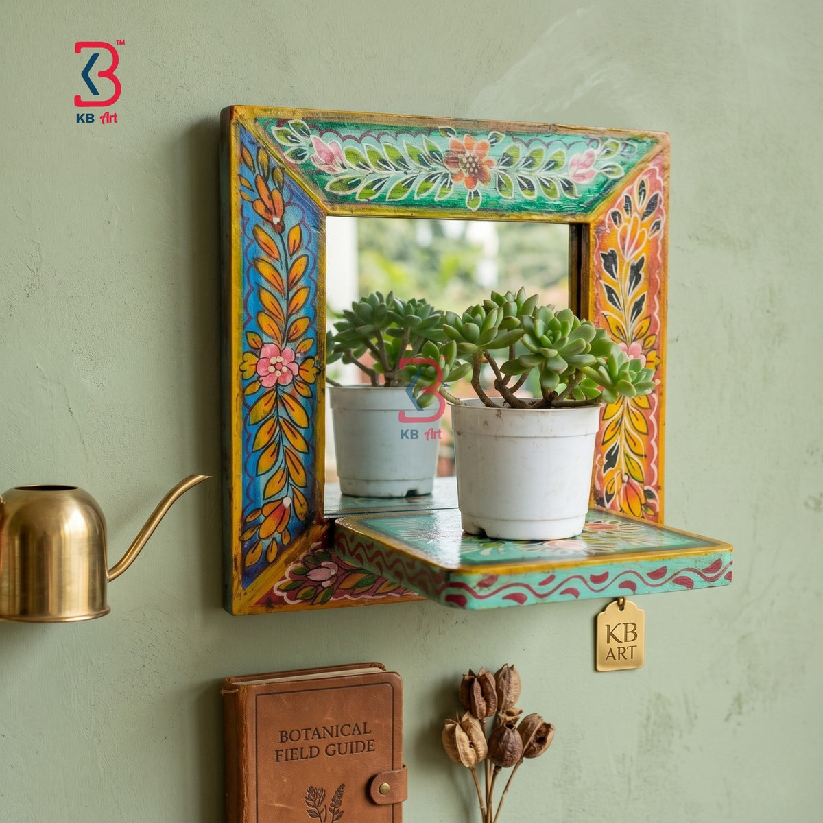 KB ART Painted Mirror Frame Planter Shelf Wall Decor - Side Angle Showing Finish and Craftsmanship - Handcrafted Wooden Decor Jodhpur