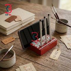 KB ART Red Floral Mobile Pen Stand Desk Organizer - Back View Highlighting Build Quality - Handcrafted Wooden Decor Jodhpur