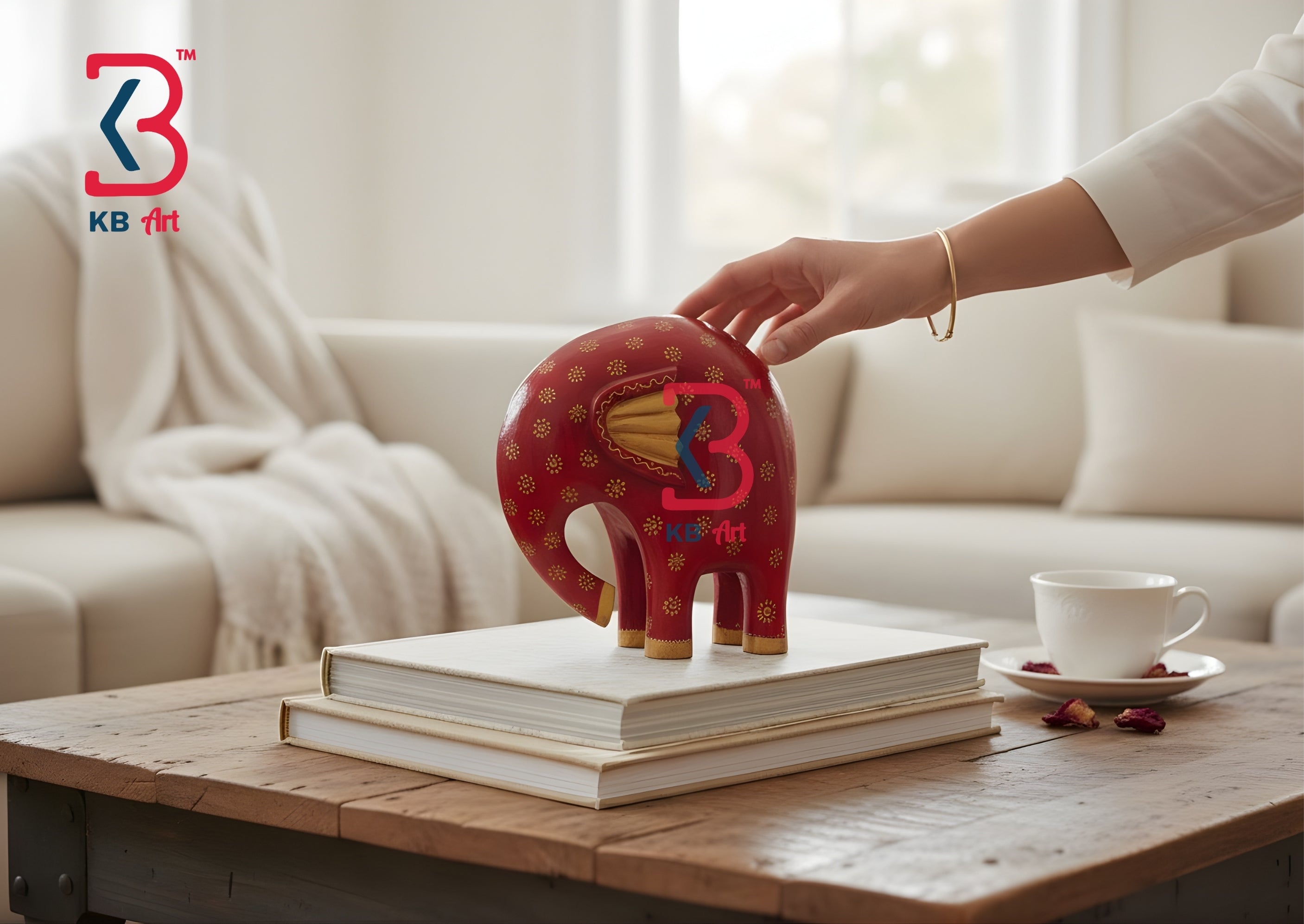 KB ART Modern Wooden Elephant Statue Red Gold - Side Angle Showing Finish and Craftsmanship - Handcrafted Wooden Decor Jodhpur