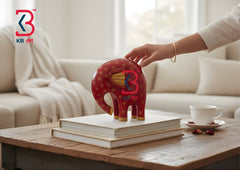 KB ART Modern Wooden Elephant Statue Red Gold - Side Angle Showing Finish and Craftsmanship - Handcrafted Wooden Decor Jodhpur