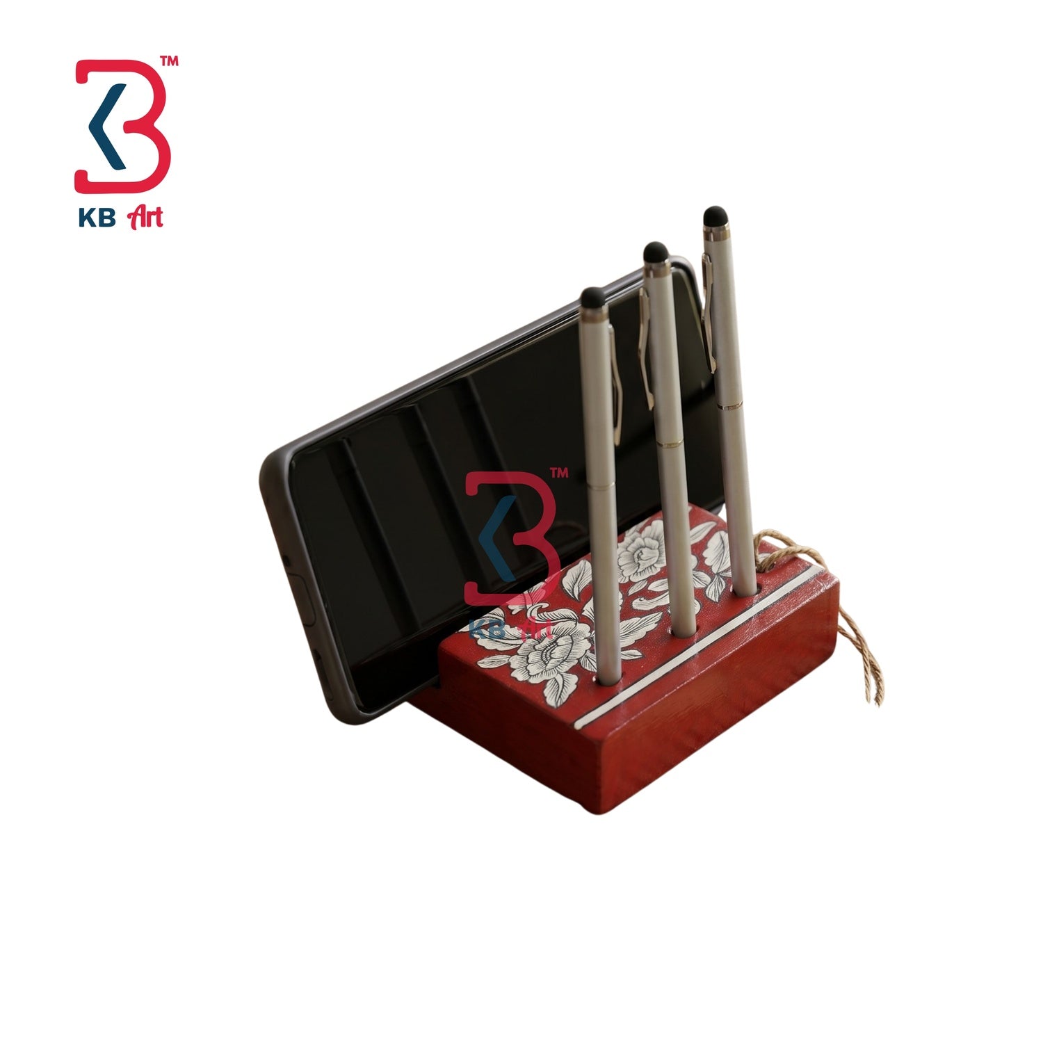 KB ART Red Floral Mobile Pen Stand Desk Organizer - Front View of Handcrafted Detailing - Handcrafted Wooden Decor Jodhpur
