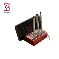 KB ART Red Floral Mobile Pen Stand Desk Organizer - Front View of Handcrafted Detailing - Handcrafted Wooden Decor Jodhpur