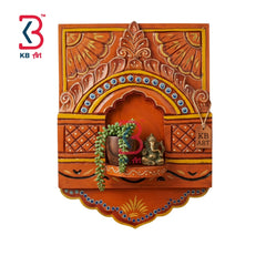 KB ART Orange Floral Wall Jharokha - Front View of Handcrafted Detailing - Handcrafted Wooden Decor Jodhpur