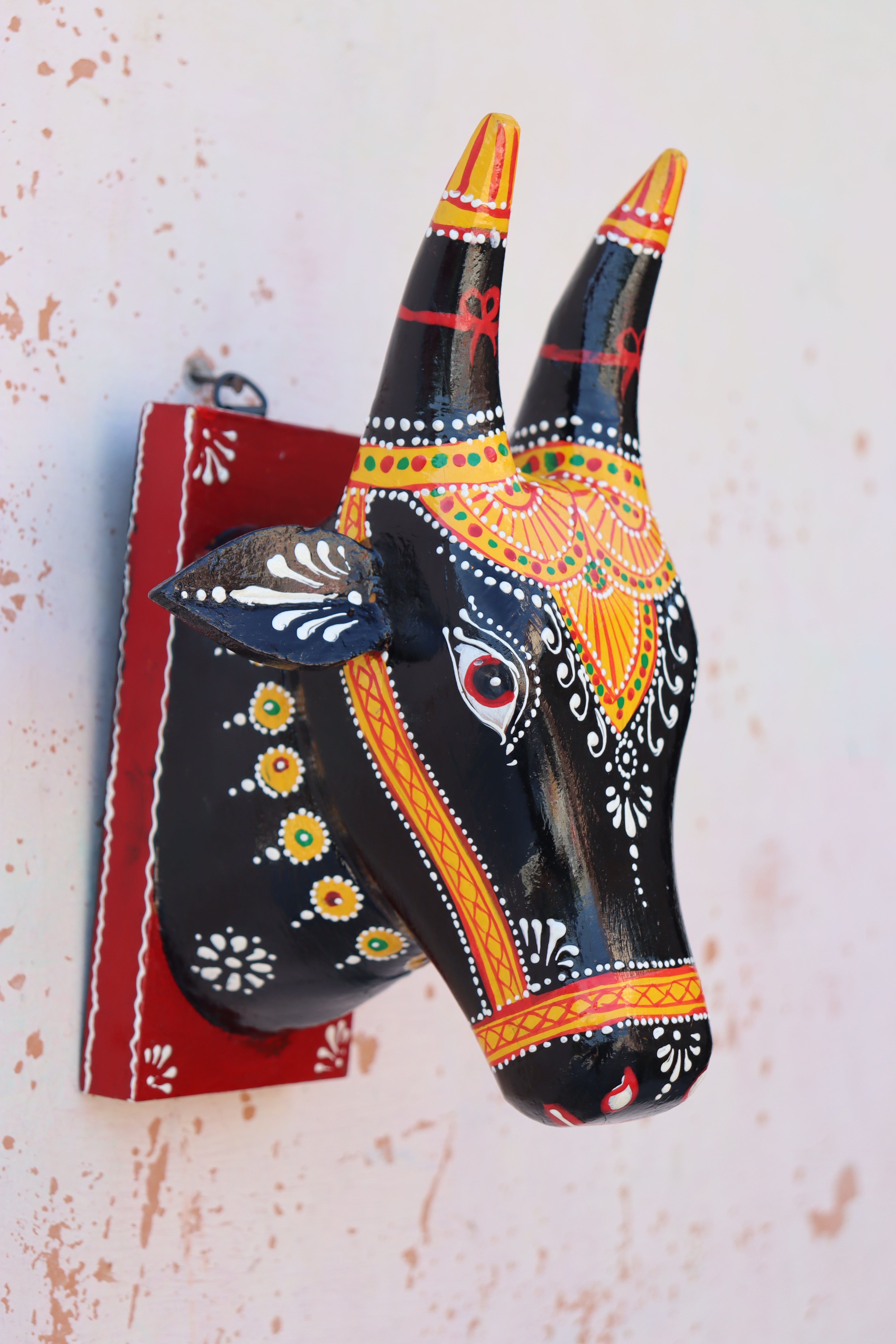 KB ART 8 Inch Handcrafted Wooden Cow Head On Mount - Side Angle Showing Finish and Craftsmanship - Handcrafted Wooden Decor Jodhpur