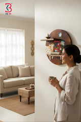 KB ART Wooden Round Wall Planter Shelf - Side Angle Showing Finish and Craftsmanship - Handcrafted Wooden Decor Jodhpur