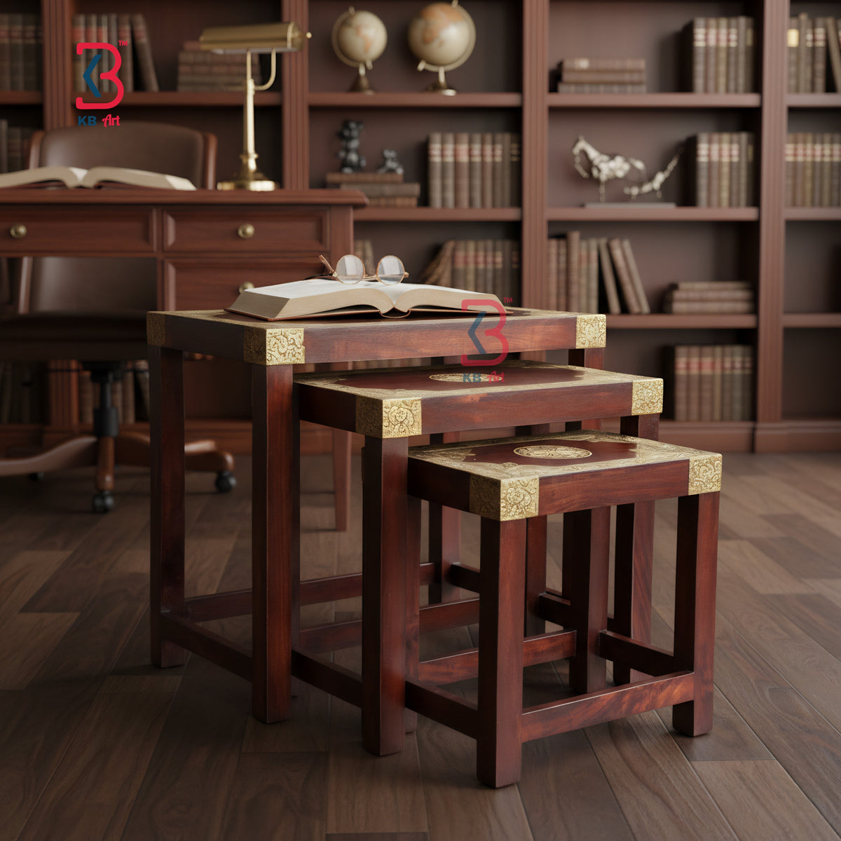 Set of three wooden stools with gold accents in a room with bookshelves and a desk.