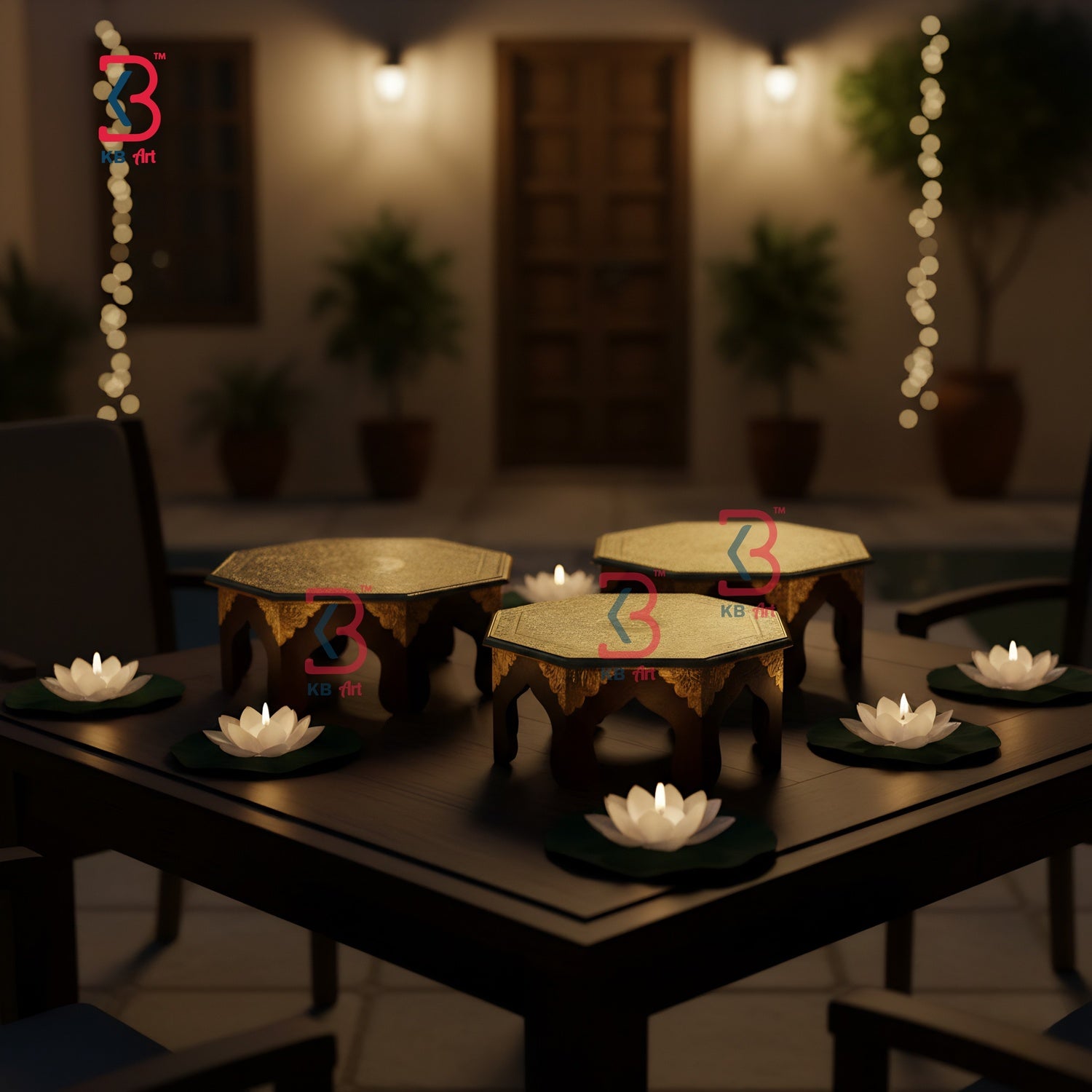 Decorative setting with hexagonal candle holders and floating candles on a table in a dimly lit room.