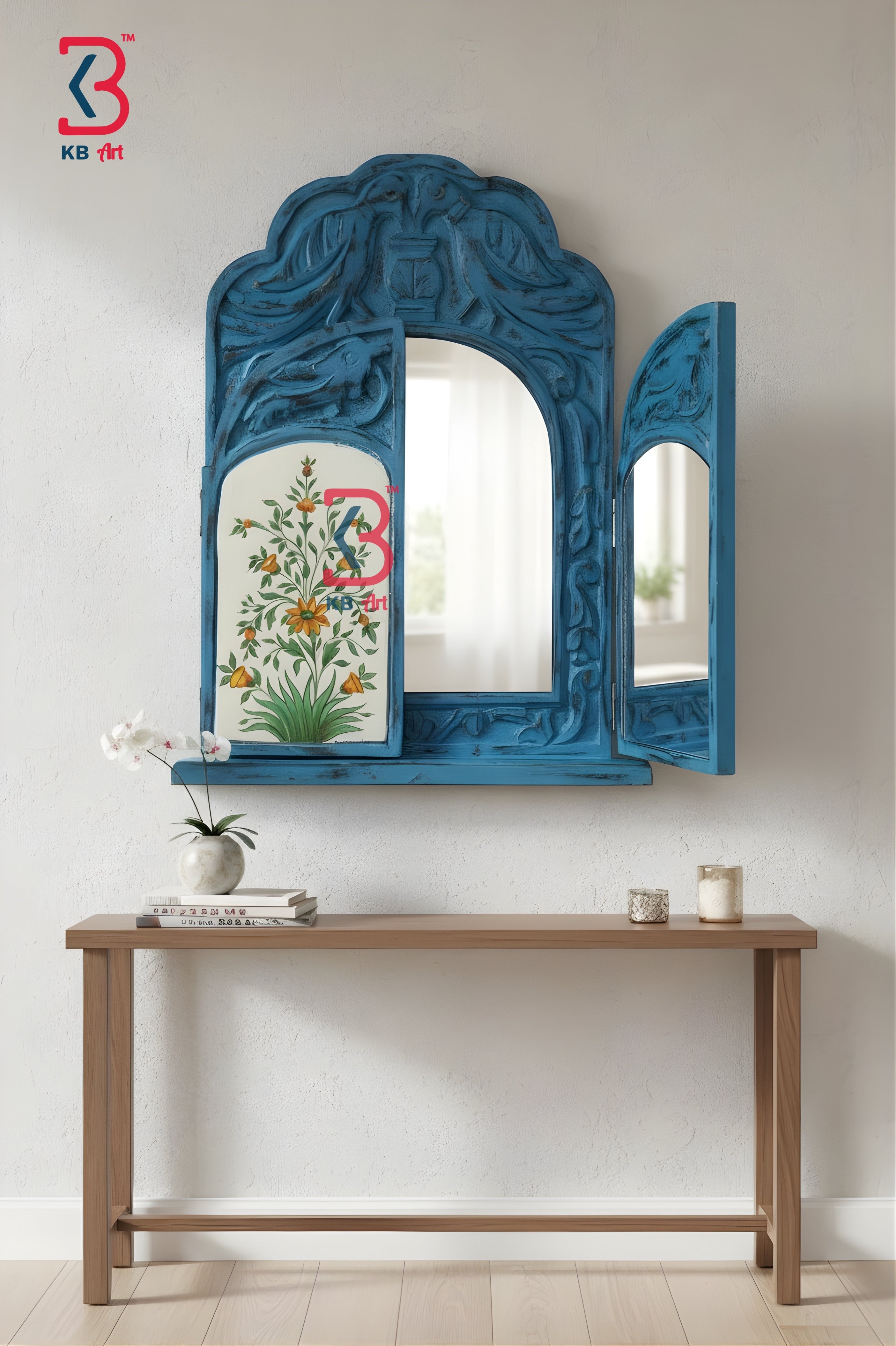 KB ART Wooden Antique Window Jharokha Mirror - Styled Display in Home Interior Setting - Handcrafted Wooden Decor Jodhpur