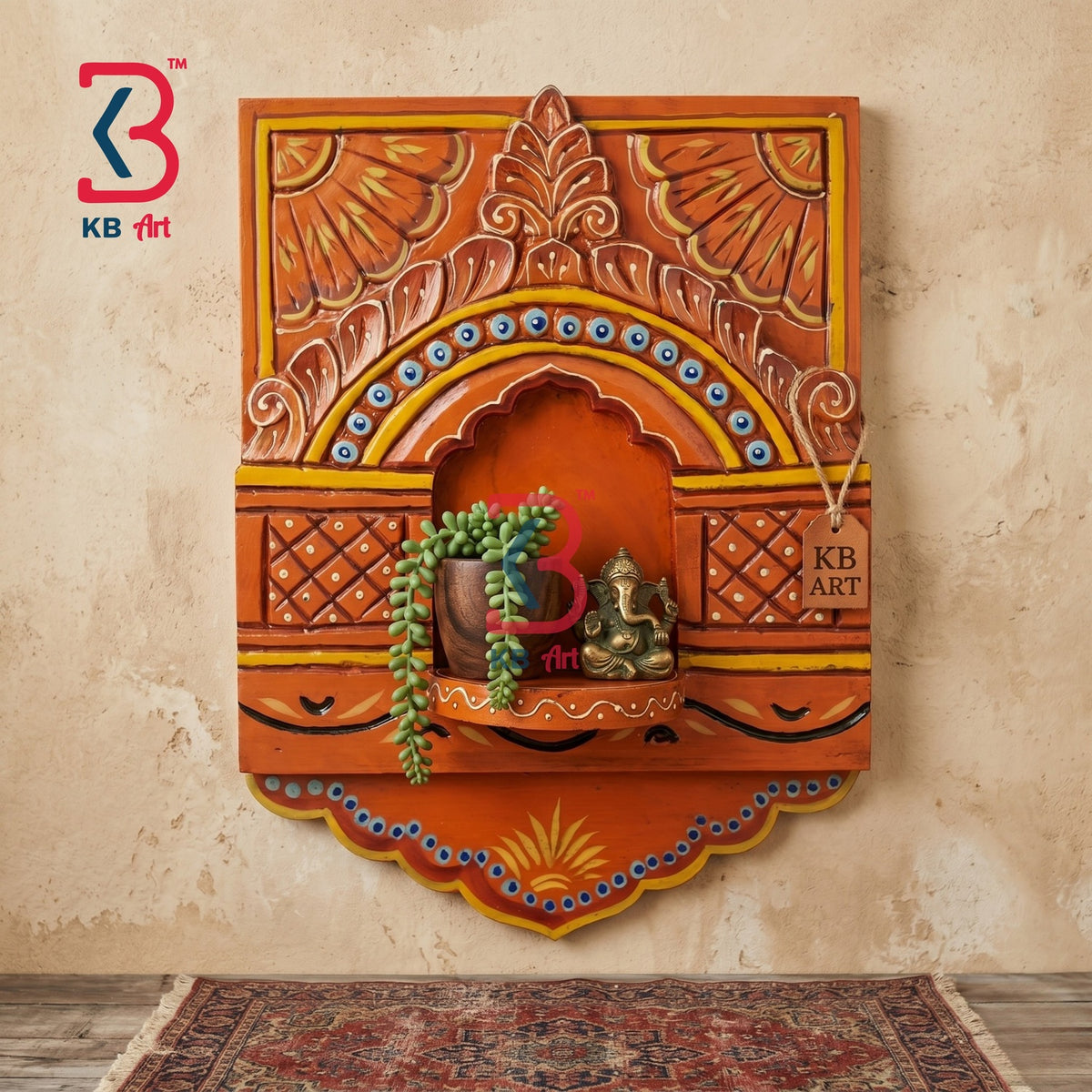 KB ART Orange Floral Wall Jharokha - Close-Up of Hand-Carved Artisan Texture - Handcrafted Wooden Decor Jodhpur