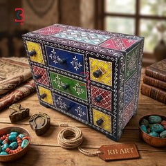 KB ART Wooden 9 Drawer Mdf Box Painted Black - Front View of Handcrafted Detailing - Handcrafted Wooden Decor Jodhpur