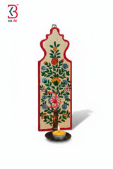 KB ART Mughal Floral Wooden Tea Light Holder Wall Hanging - Front View of Handcrafted Detailing - Handcrafted Wooden Decor Jodhpur
