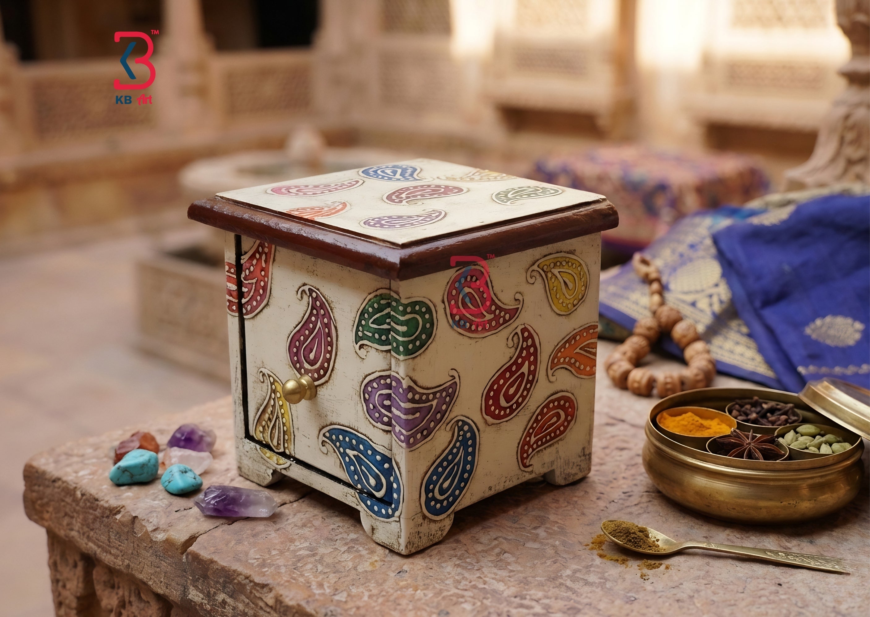 KB ART Wooden Single Drawer Box - Styled Display in Home Interior Setting - Handcrafted Wooden Decor Jodhpur