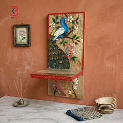 KB ART Wooden Peacock Rectangle Wall Shelf - Side Angle Showing Finish and Craftsmanship - Handcrafted Wooden Decor Jodhpur