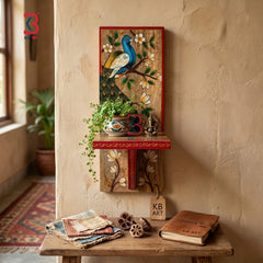 KB ART Wooden Peacock Rectangle Wall Shelf - Styled Display in Home Interior Setting - Handcrafted Wooden Decor Jodhpur