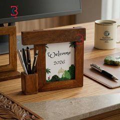 KB ART Wooden Pen Stand Calendar - Front View of Handcrafted Detailing - Handcrafted Wooden Decor Jodhpur