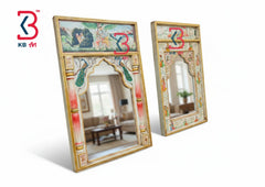 KB ART Wooden Pichwai Mirror Wall Decor - Front View of Handcrafted Detailing - Handcrafted Wooden Decor Jodhpur