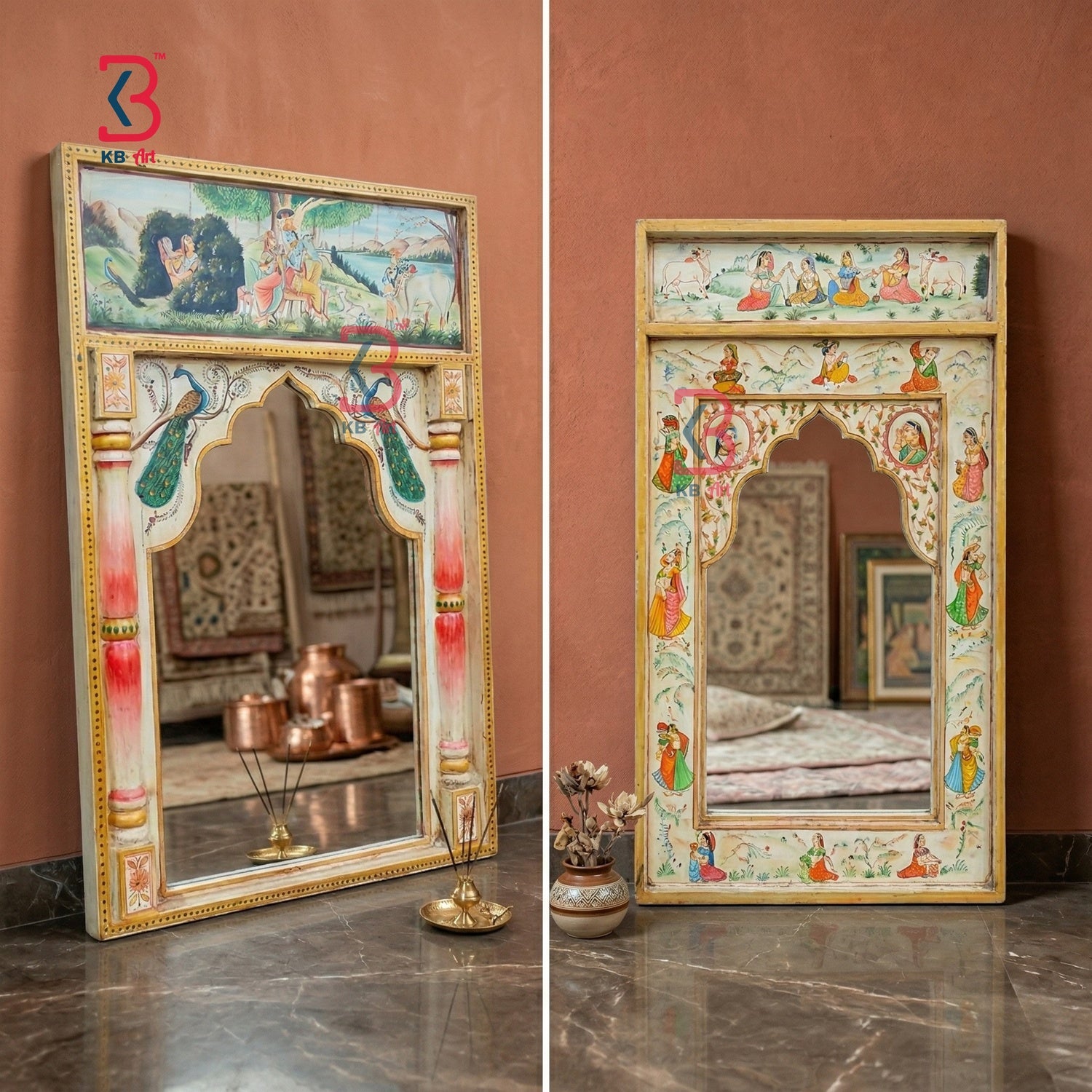 KB ART Wooden Pichwai Mirror Wall Decor - Styled Display in Home Interior Setting - Handcrafted Wooden Decor Jodhpur