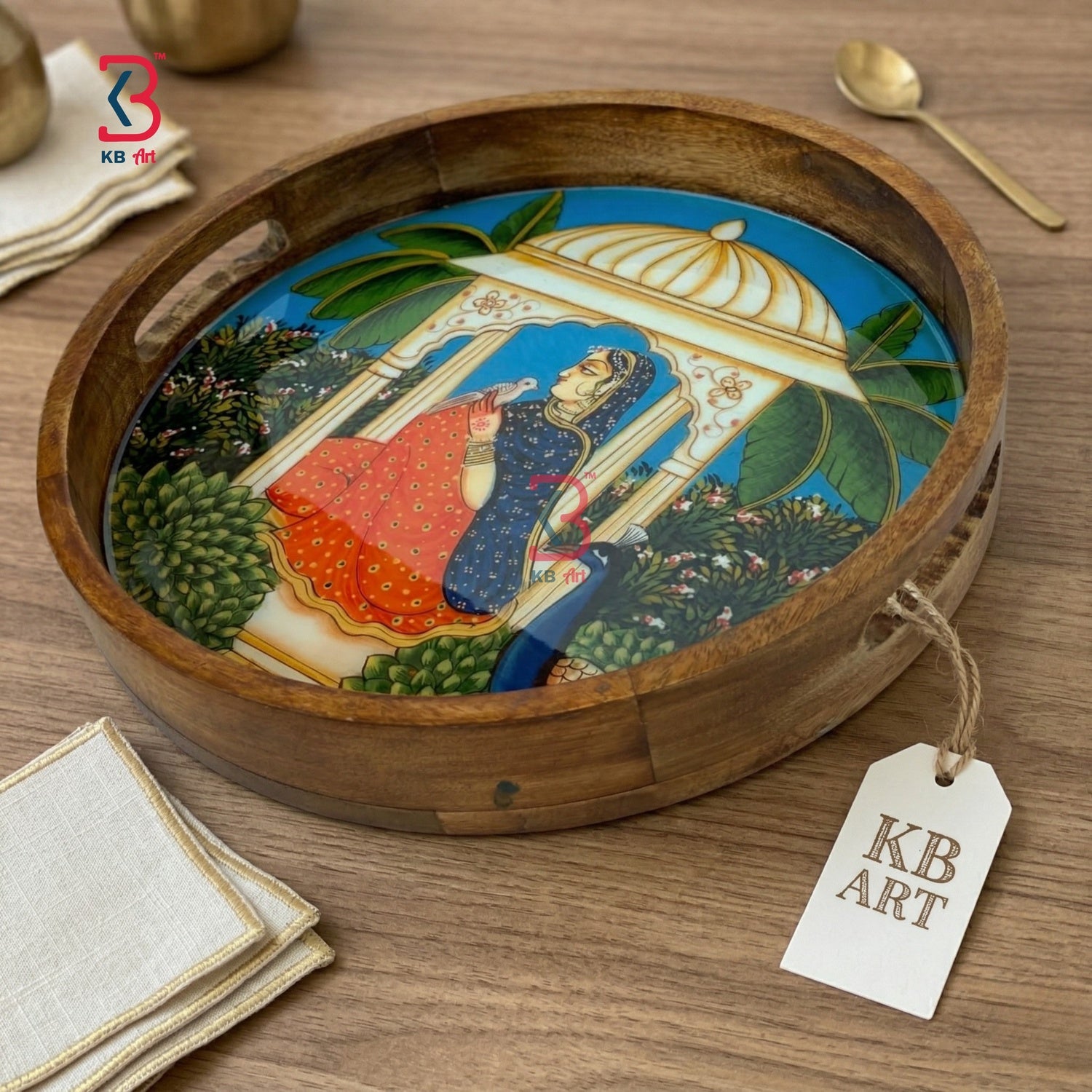 KB ART Wooden Pichwai Round Resin Tray - Close-Up of Hand-Carved Artisan Texture - Handcrafted Wooden Decor Jodhpur