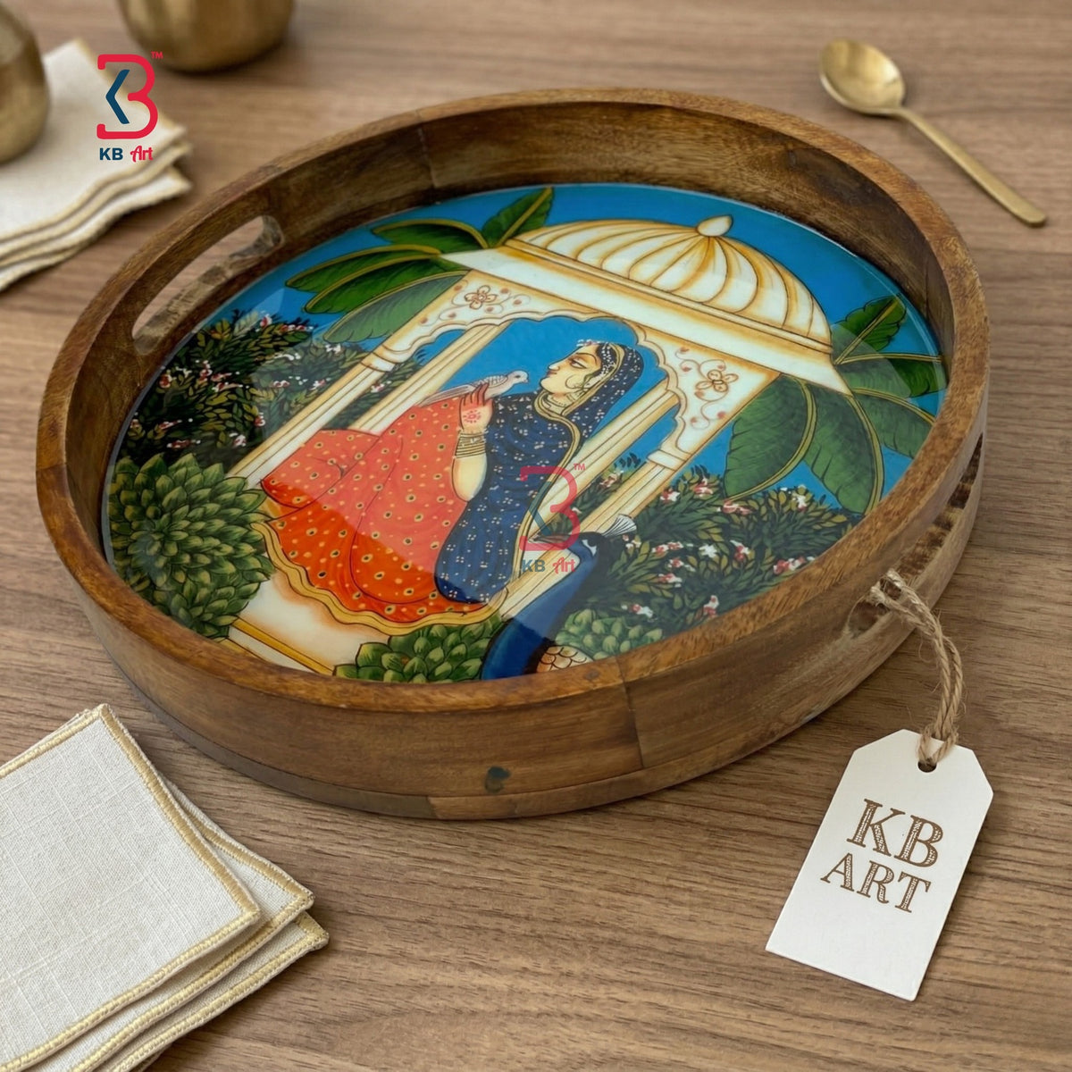 KB ART Wooden Pichwai Round Resin Tray - Close-Up of Hand-Carved Artisan Texture - Handcrafted Wooden Decor Jodhpur