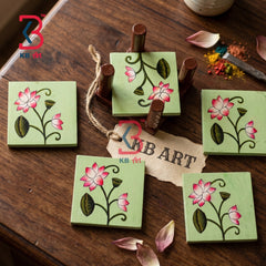 KB ART Wooden Pichwai Floral Tea Coaster - Close-Up of Hand-Carved Artisan Texture - Handcrafted Wooden Decor Jodhpur