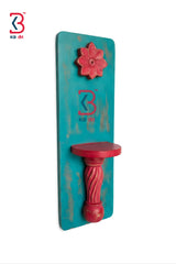 KB ART Wooden Carved Rectangle Shelf Teal Red - Close-Up of Hand-Carved Artisan Texture - Handcrafted Wooden Decor Jodhpur