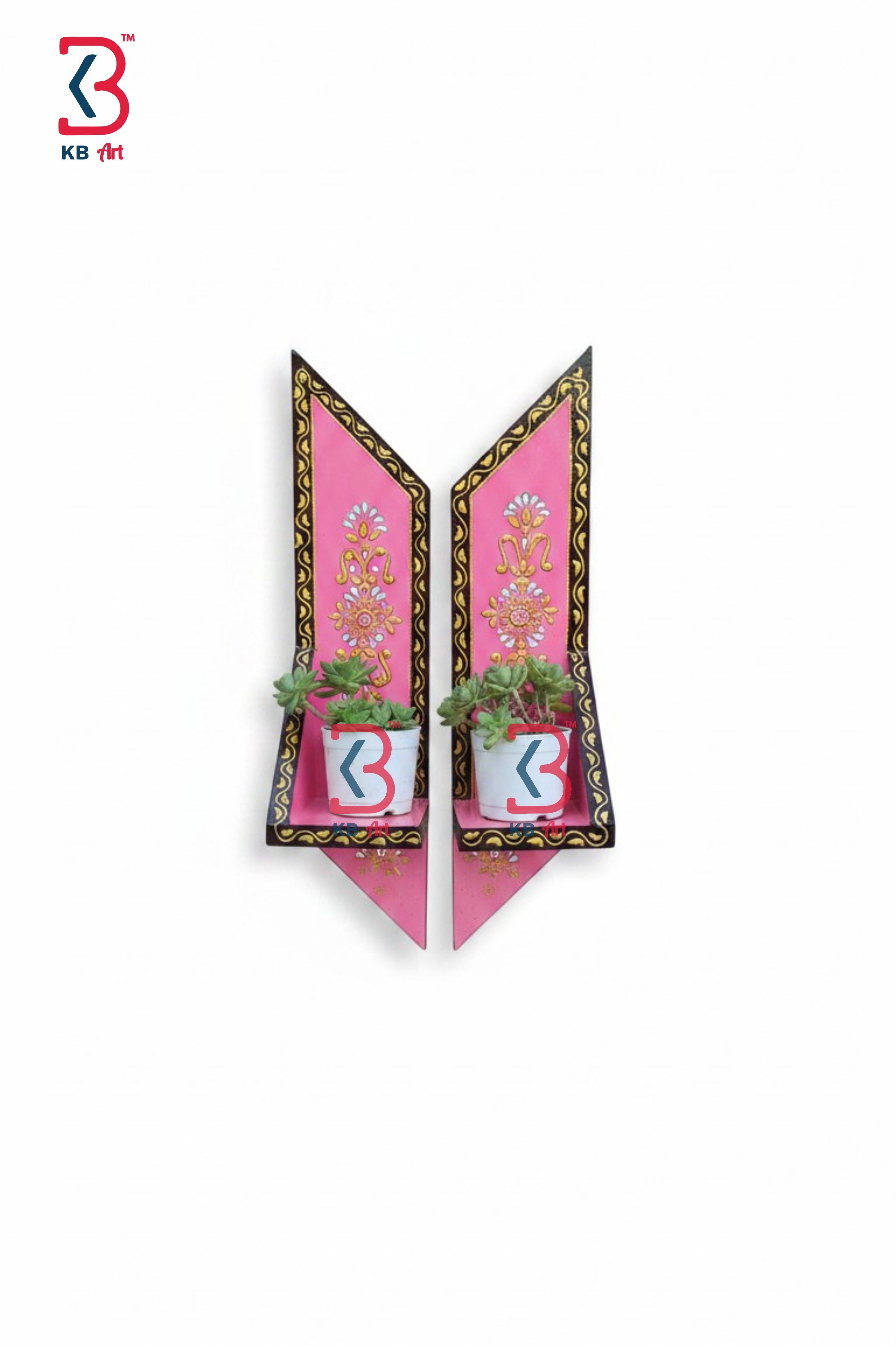 KB ART Pink Hand Painted Wall Shelves Set - Front View of Handcrafted Detailing - Handcrafted Wooden Decor Jodhpur
