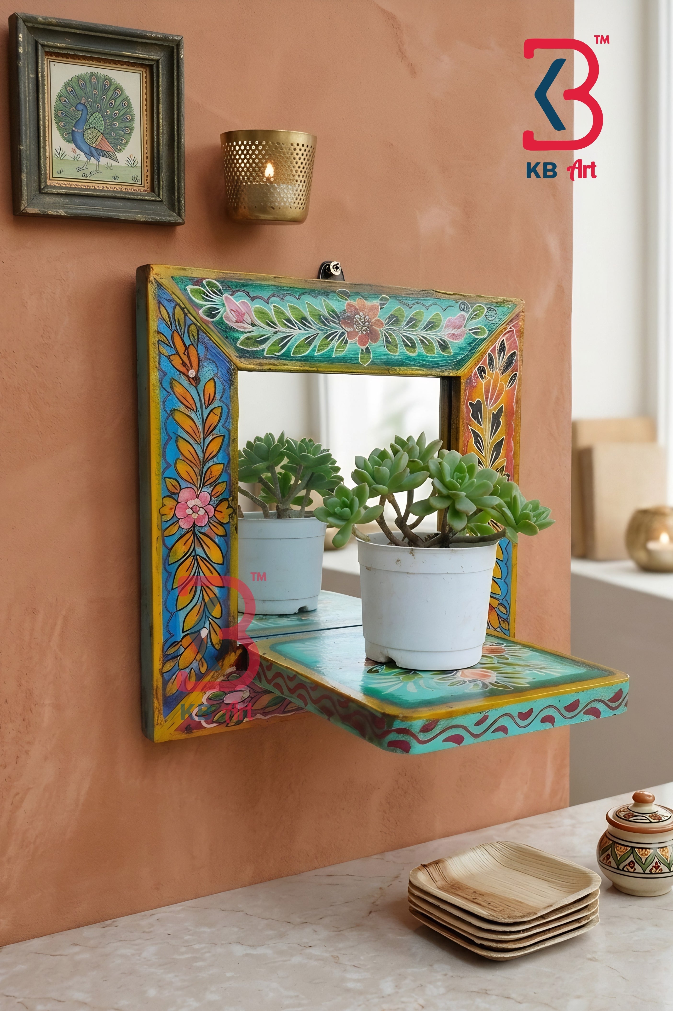 KB ART Painted Mirror Frame Planter Shelf Wall Decor - Styled Display in Home Interior Setting - Handcrafted Wooden Decor Jodhpur